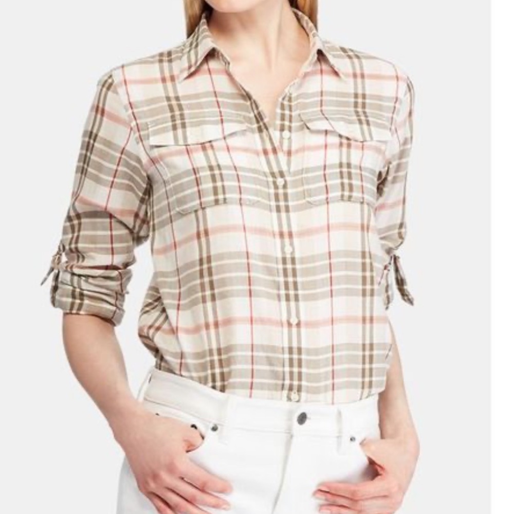 100% Cotton RALPH LAUREN Womens Beige Plaid Cuffed Collared Button Up | Size L